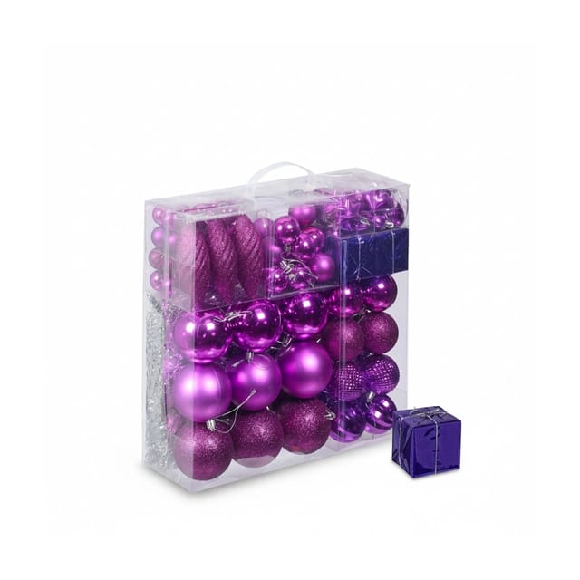 Relaxdays - Weihnachtskugeln 110er Set, Kunststoff, Weihnachtsbaumdeko Mit Kugeln & Lametta Uvm., Christbaumschmuck, Pink