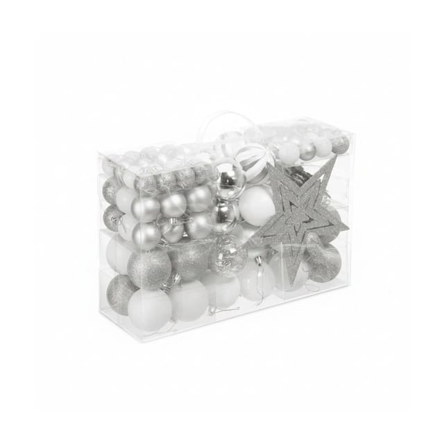 Relaxdays Weihnachtskugeln 101er Set, Kunststoff, Weihnachtsbaumdeko Mit Kugeln & Spitze, Christbaumschmuck, Silber/weiß