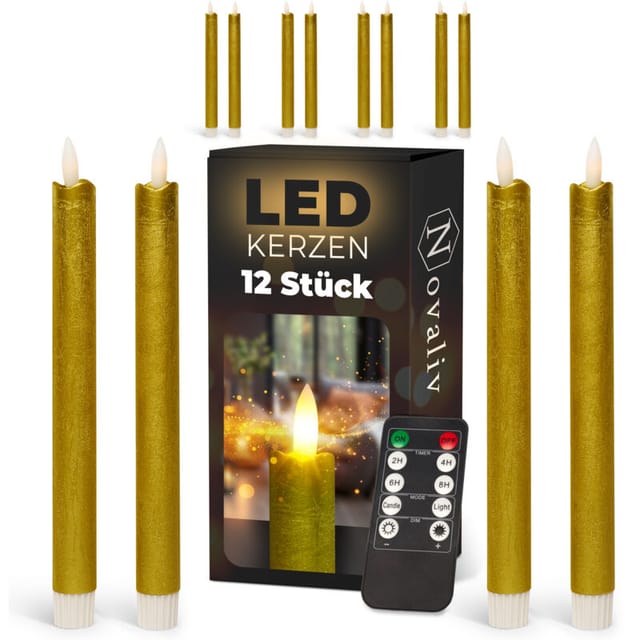 Novaliv - 12x Led Kerze Echtwachskerzen Gold