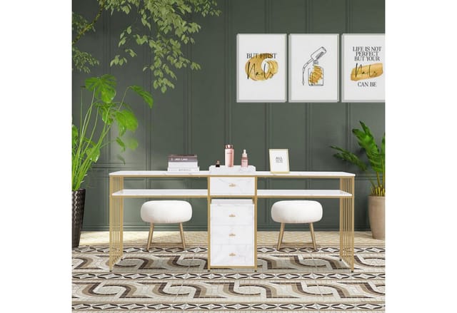 M Mcombo Doppelnageltisch Mit Schubladen, Schreibtisch Mit Regal, Manikürtisch, Schminktisch Ohne Spiegel Wohnzimmer Modern, Marmor-weiß Gold, 2413
