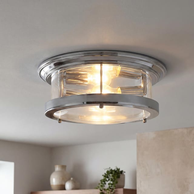 Licht-erlebnisse - Deckenlampe Metall Glas E27 Ip44 Rund D: 35 Cm Chrom 2-flammig Klassisch