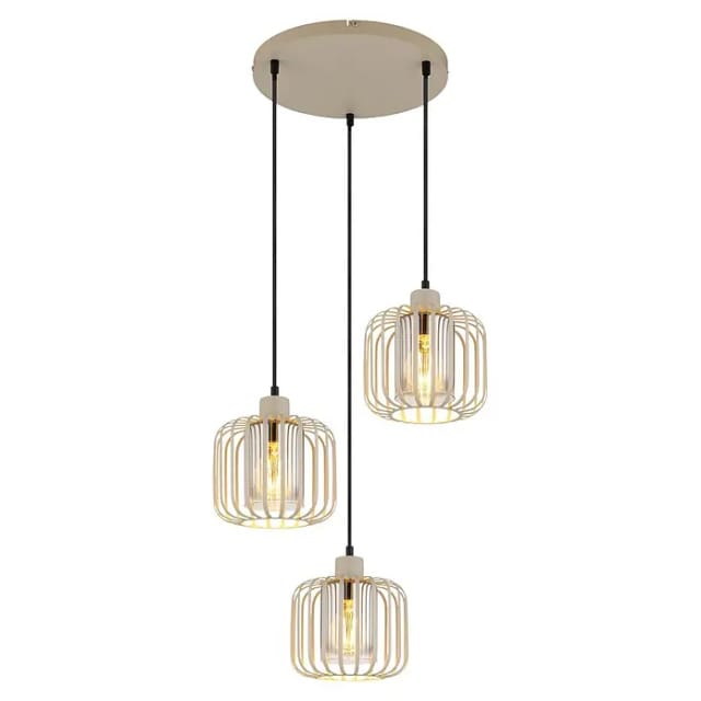 Hängelampe Sandfarben Esstischleuchte Pendellampe Rauchglas Wohnzimmerlampe Gitter Retro, Metall Glas, 3x E27, Dxh 44x120 Cm