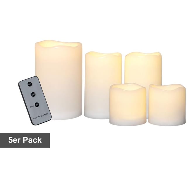Star Trading - Kerzen-set Paul, Stumpenkerzen, 5 Stück, Elfenbein, Led, Timer, Fernbedienung, Warmweiß