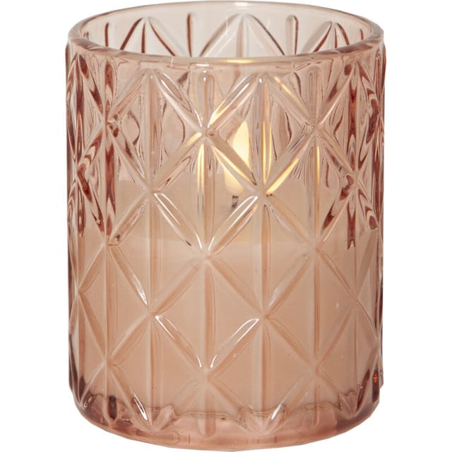 Led Kerze ,flamme Romb', Windlicht, Batterie + Timer, Flackernd, Rosa Glas, H 12,5cm