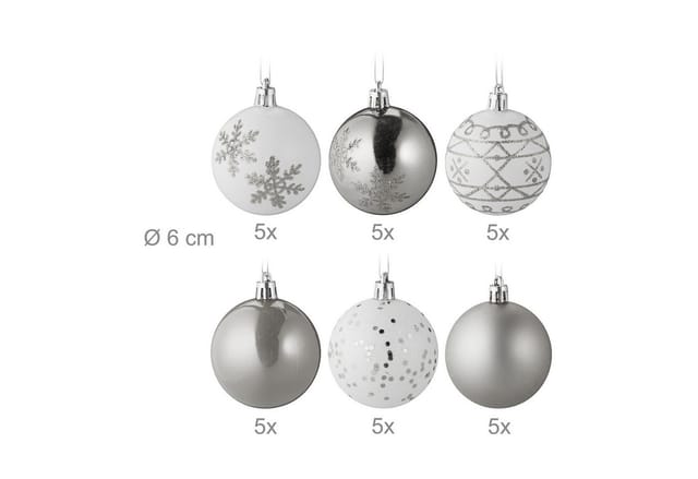 Relaxdays - Weihnachtskugeln 30er Set, Kunststoff, D: 6 Cm, Runde Weihnachtsbaumdeko, Baumschmuck Bruchsicher, Silber/weiß