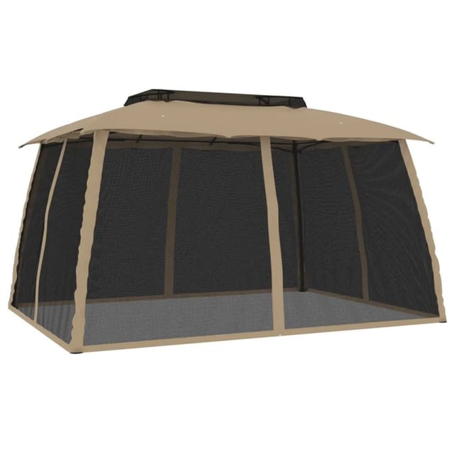 Pavillon Mit Doppeldach & Netzwänden Taupe 3,93x2,93 M Stahl Vidaxl