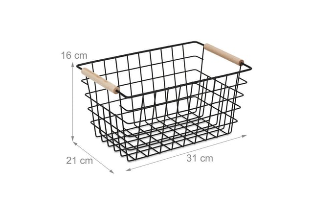 Drahtkorb, 2er Set, Metall, Holzgriffe, Hxbxt 16 X 31 X 21 Cm, Eckiger Aufbewahrungskorb, Bad & Küche, Schwarz - Relaxdays