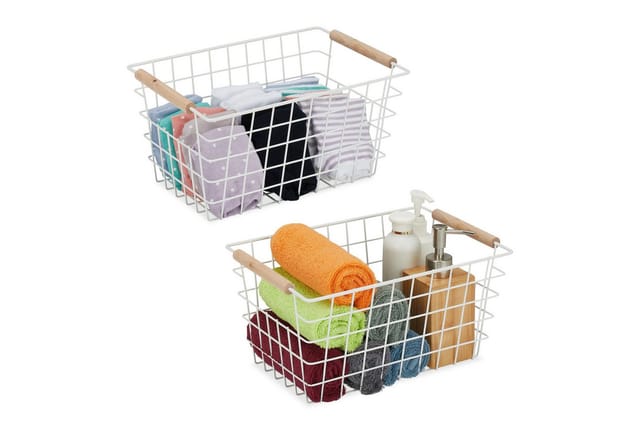 Drahtkorb, 2er Set, Metall, Holzgriffe, Hxbxt: 16 X 31 X 21 Cm, Eckiger Aufbewahrungskorb, Bad & Küche, Weiß - Relaxdays