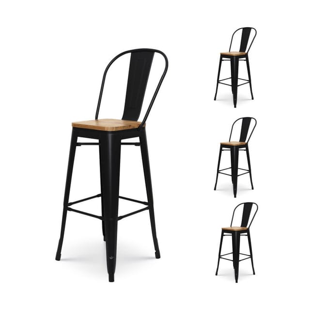 Set Mit 4 Barhockern Im Mattschwarzen Metall-industriestil Mit Hoher Rückenlehne Und Sitz Aus Hellem Holz - Höhe 76 Cm