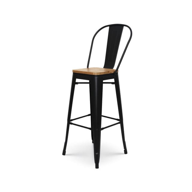 Barhocker Aus Mattschwarzem Metall Im Industriestil Mit Hoher Rückenlehne Und Sitz Aus Hellem Holz - Höhe 76 Cm