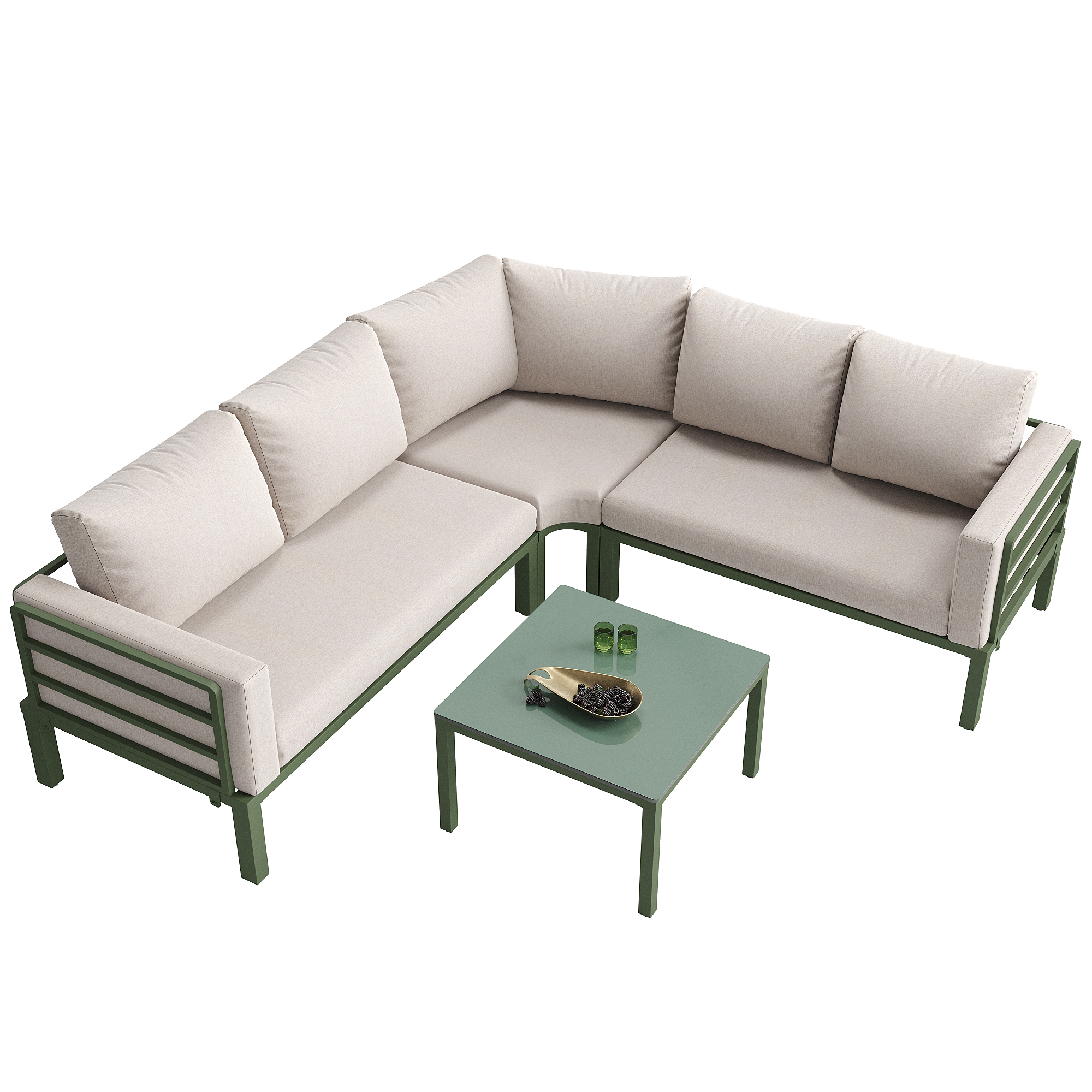 Elvmi Gartenlounge Set Mit 1 Sofa Für 4-5 Personen Und 1 Couchtisch, Eisen Und Gehärtetes Glas, Beige