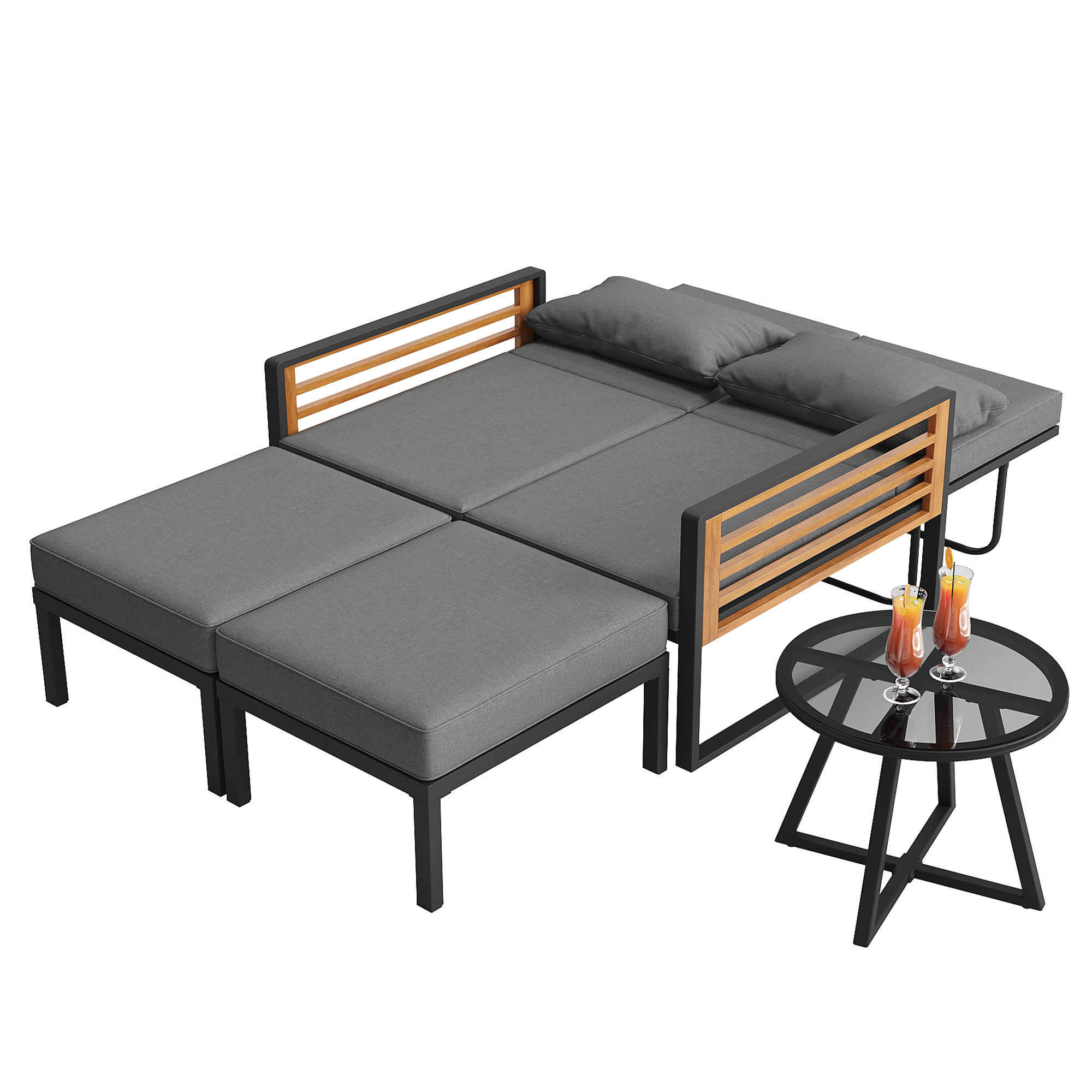 Elvmi Gartenlounge Set Mit 2 Sesseln, 2 Hockern Und 1 Tisch, Verstellbarer Rückenlehne, Metall Und Wasserfestem Stoff, Grau