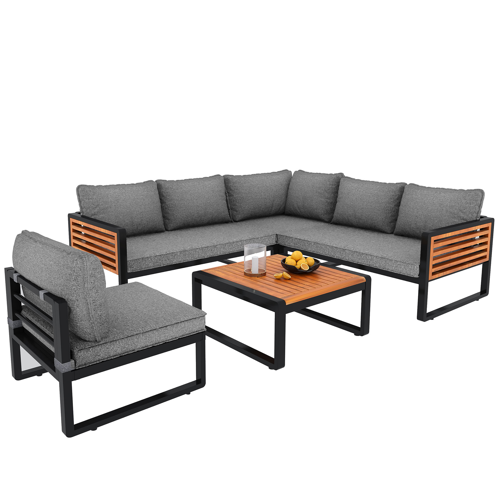 Elvmi Gartenlounge-set Mit 2 Zweisitzer-sofas, 1 Ecksofa, 1 Sitzbank Und 1 Couchtisch, Metall Und Grau