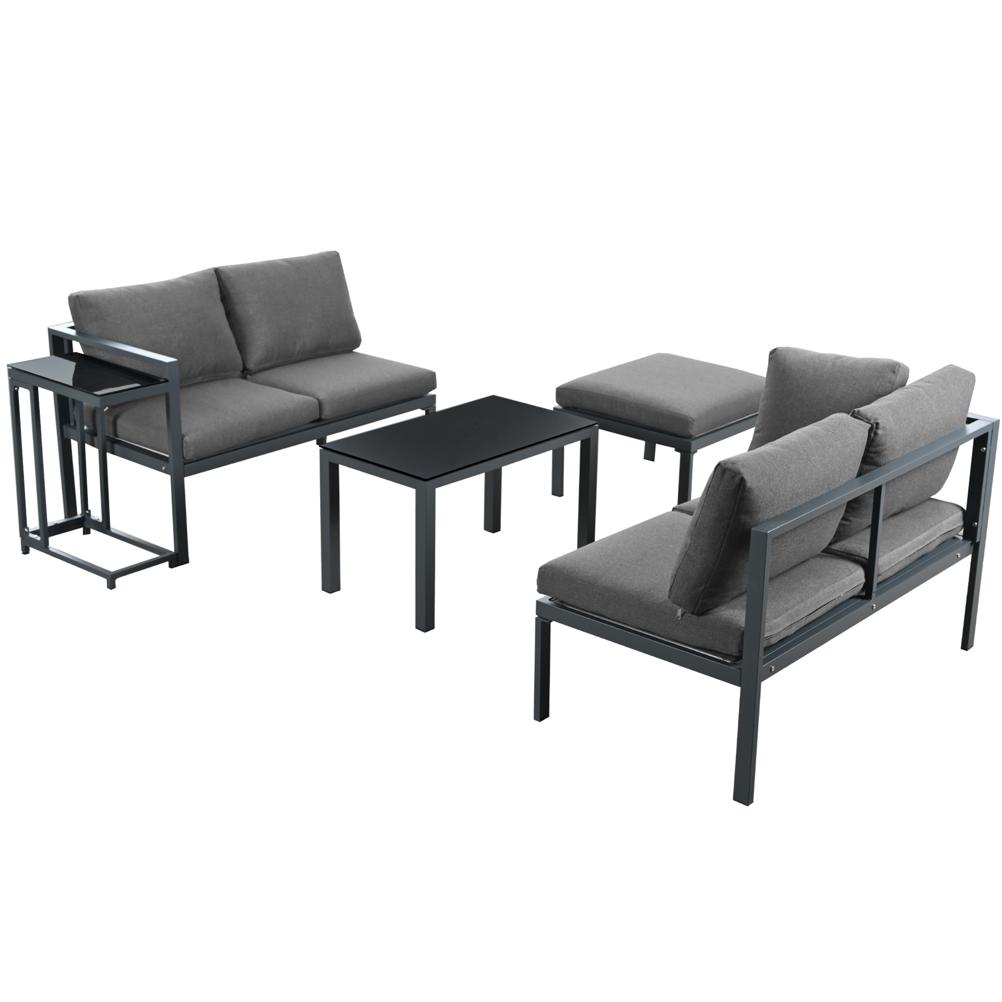 Elvmi Salon De Jardin Mit 2 Sofas, 1 Sessel, 1 Tisch Und 1 Beistelltisch, Kissen, Eisen Und Glas, Grau