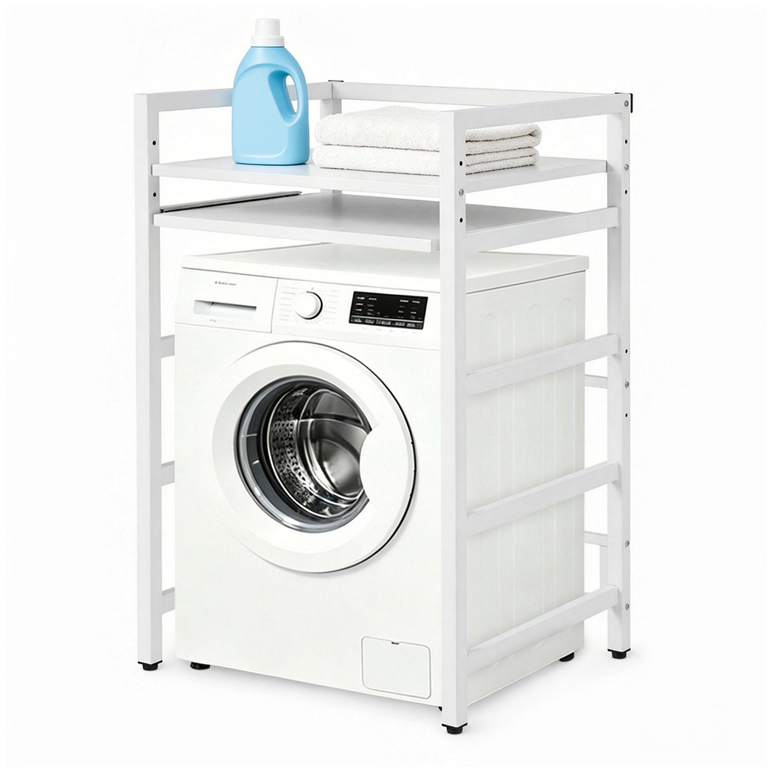 Jiubiaz Waschmaschinenregal Für Trockner, Metallregal Mit Ausziehbarem Zwischenboden, Obere Ablage Bis 300 Kg, Badezimmer, 3 Höhen 95/100/105 Cm, Weiß