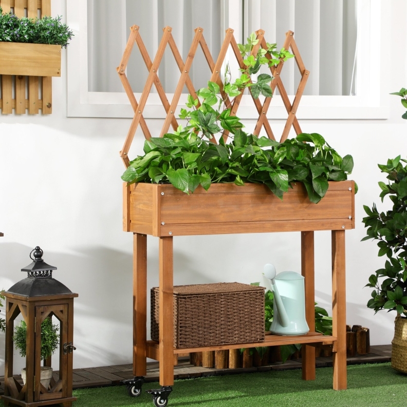 Hochbeet Aus Holz Mit Rankgitter, Ablage Und Rollen, 79 X 29 X 130 Cm, Braun Okmyhome