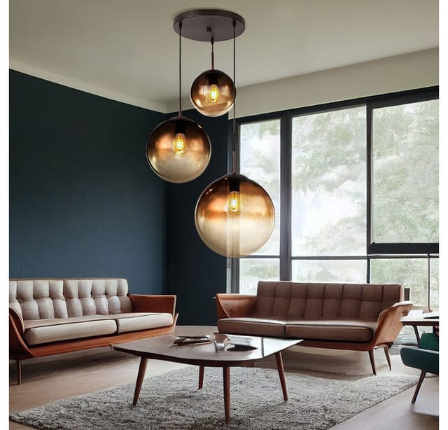 Pendelleuchte Hängelampe Esstischlampe Glas 3 Flammig Glaskugel Hängelampe Glaskugel, Metall Braun, 3x E27 Fassungen, Dxh 51x120 Cm