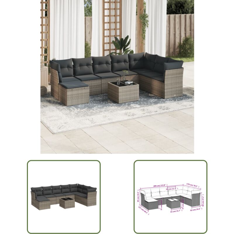 9-tlg. Garten-sofagarnitur Mit Kissen Grau Poly Rattan - Gartenmöbel - Sofagarnitur - Outdoor Möbel - Rattan Gartenmöbel - Lounge Set - The Living Store