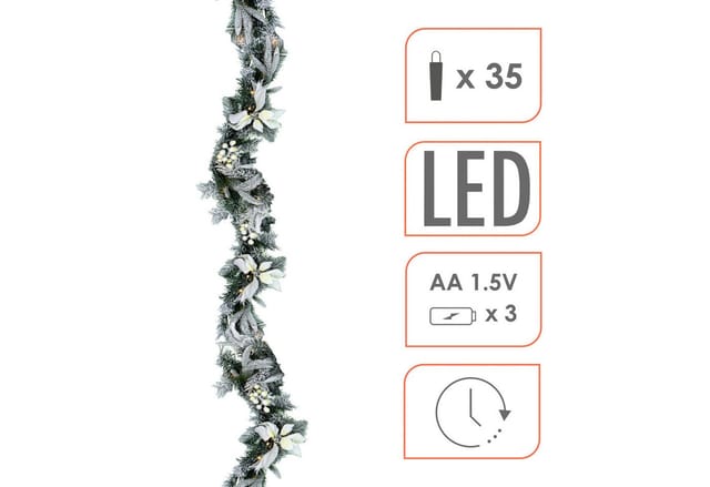 Led Tannengirlande Mit Schnee Und Blumen Warm Weiß Beleuchtet - 183 Cm Mit 35 Led - Weihnachtsgirlande Batterie Betrieben Mit Timer - Deko Beleuchtung Kunst Tanne Girlande Für Weihnachten Advent