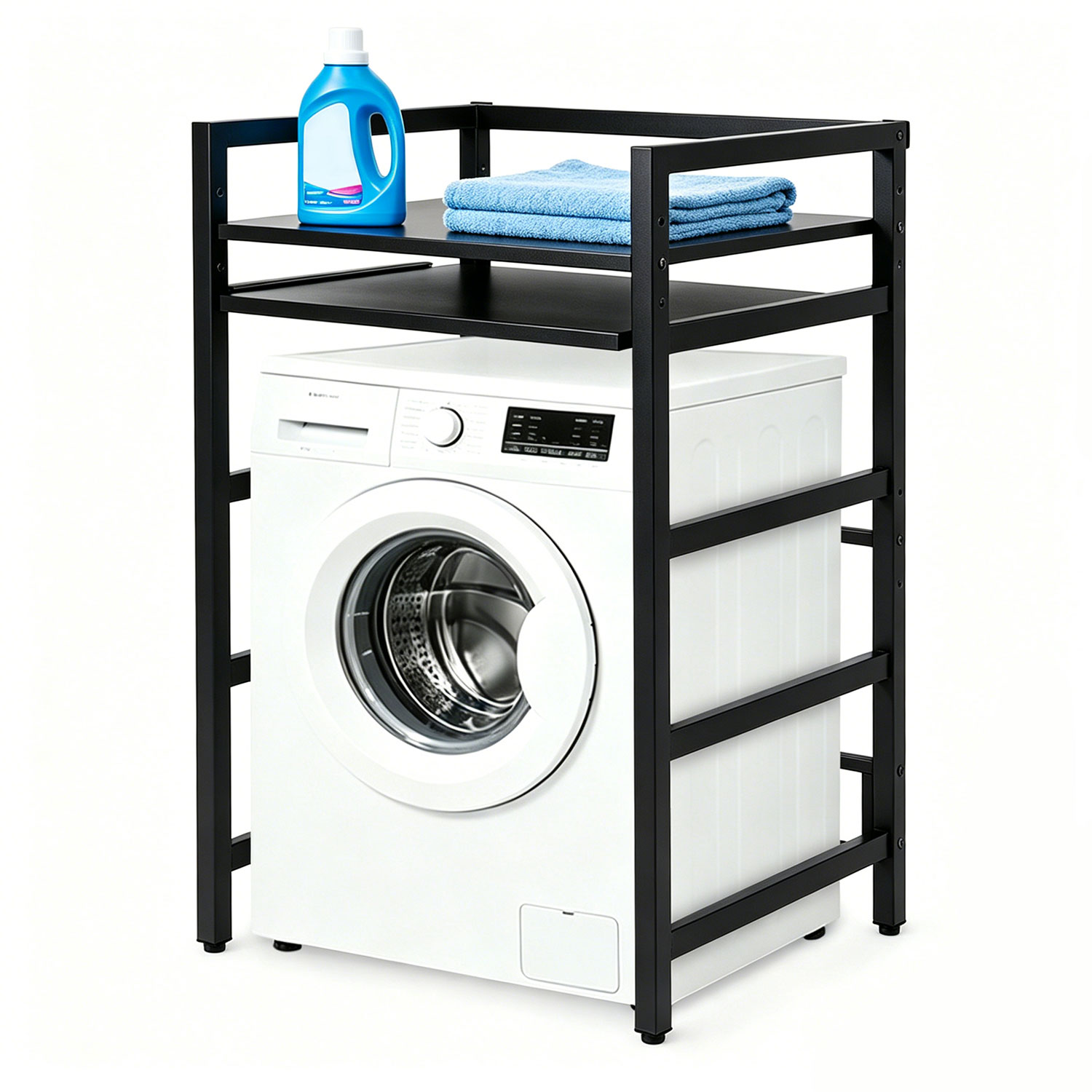 Tolletour Waschmaschinenregal Für Trockner, Metallregal Mit Ausziehbarem Zwischenboden, Obere Ablage Bis 300 Kg, Badezimmer, 3 Höhen 95/100/105 Cm, Schwarz