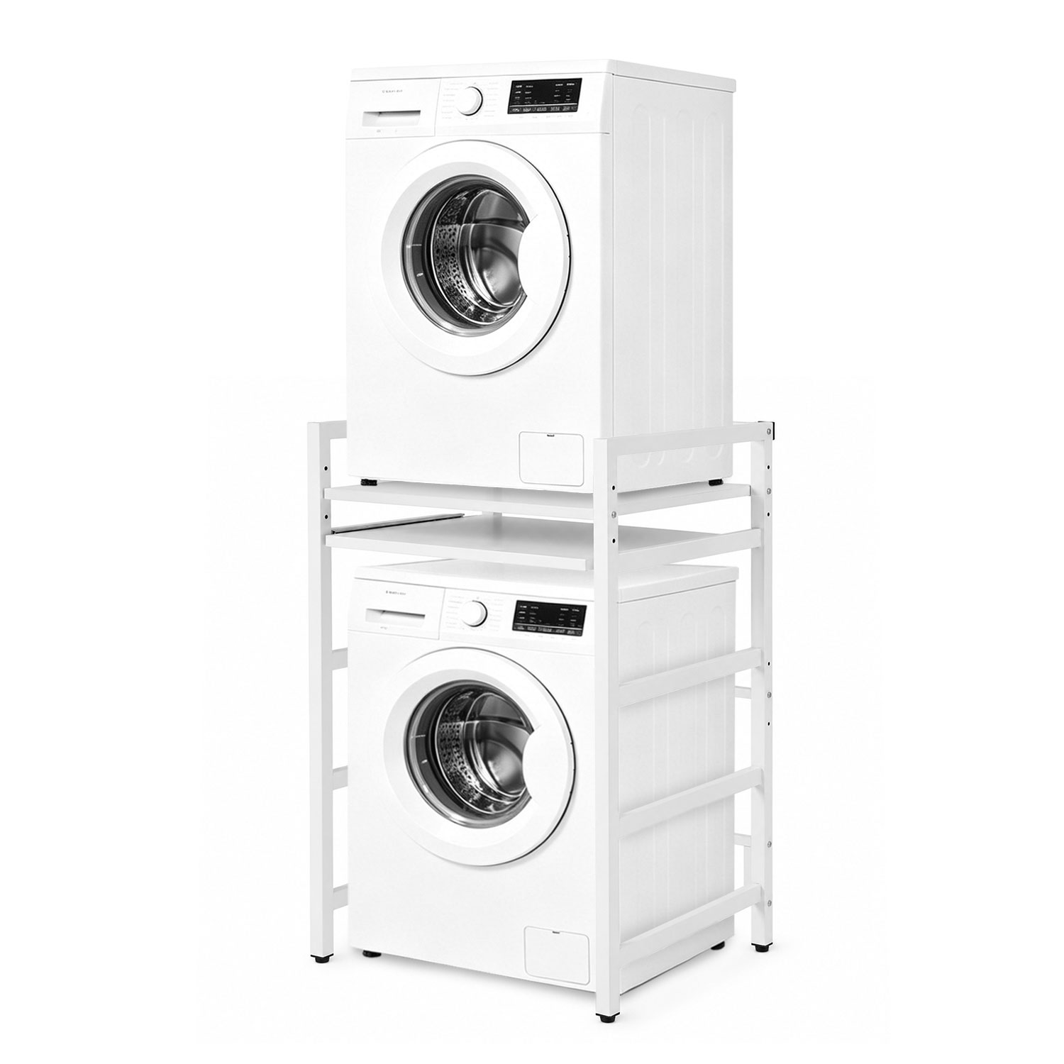 Wolketon Waschmaschinenregal Für Trockner, Metallregal Mit Ausziehbarem Zwischenboden, Obere Ablage Bis 300 Kg, Badezimmer, 3 Höhen 95/100/105 Cm, Weiß