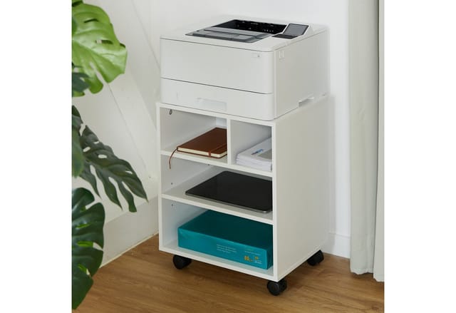 Relaxdays - Rollcontainer Mit 4 Offenen Fächern, Büro Beistellcontainer, Mit Rollen, Büroschrank, Hxbxt: 49x40x30 Cm, Weiß