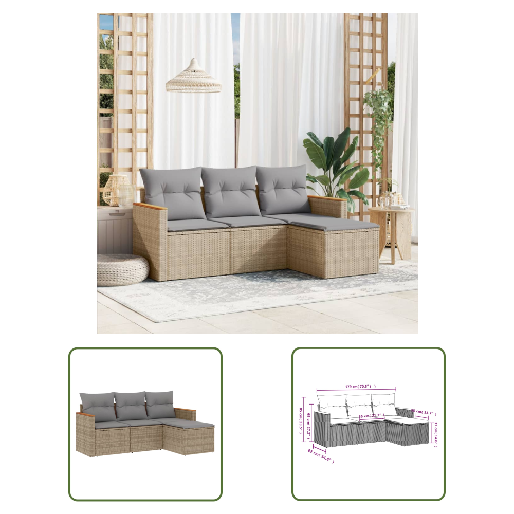 The Living Store 4-tlg. Garten-sofagarnitur Mit Kissen Beige Poly Rattan - Gartensofas - Polyethylen Möbel - Outdoor Sofa Set - Gartenlounge - Lounge Möbel