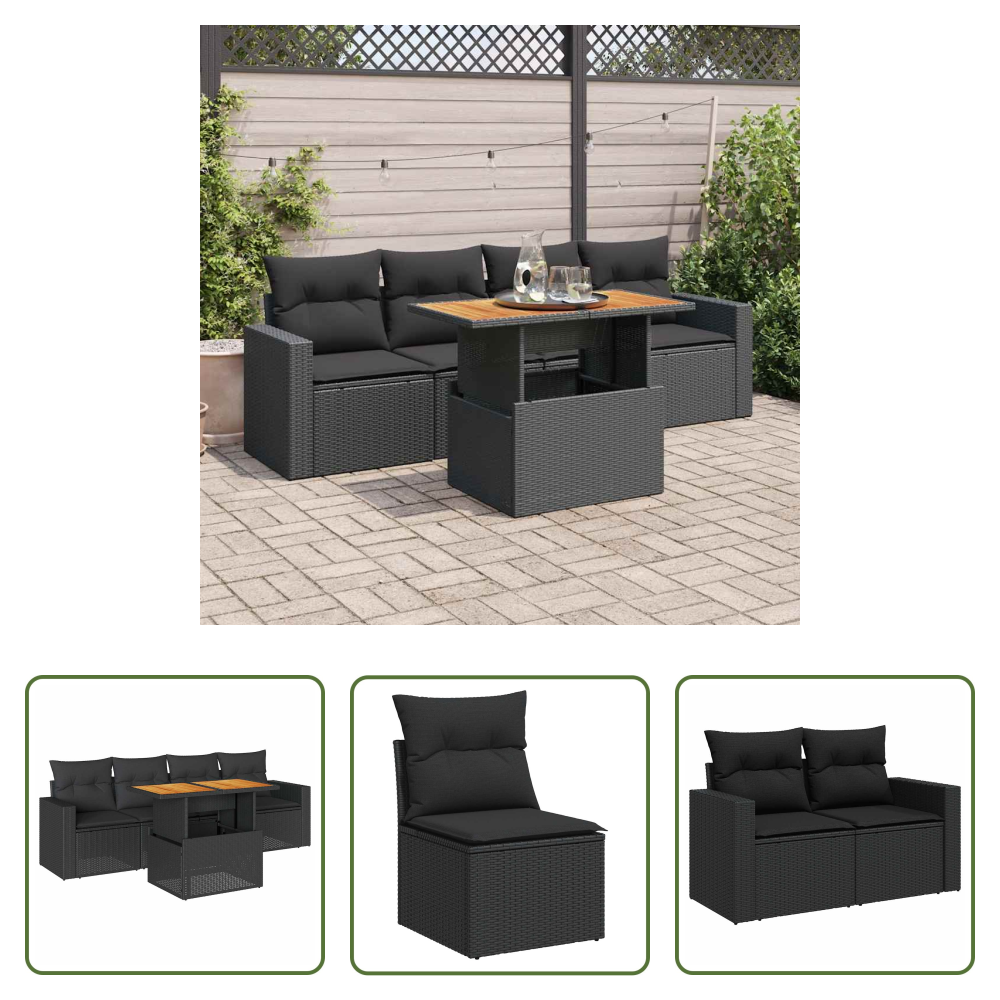 Vidaxl Rattanmöbel - 5-tlg. Garten-sofagarnitur Mit Kissen Schwarz Poly Rattan