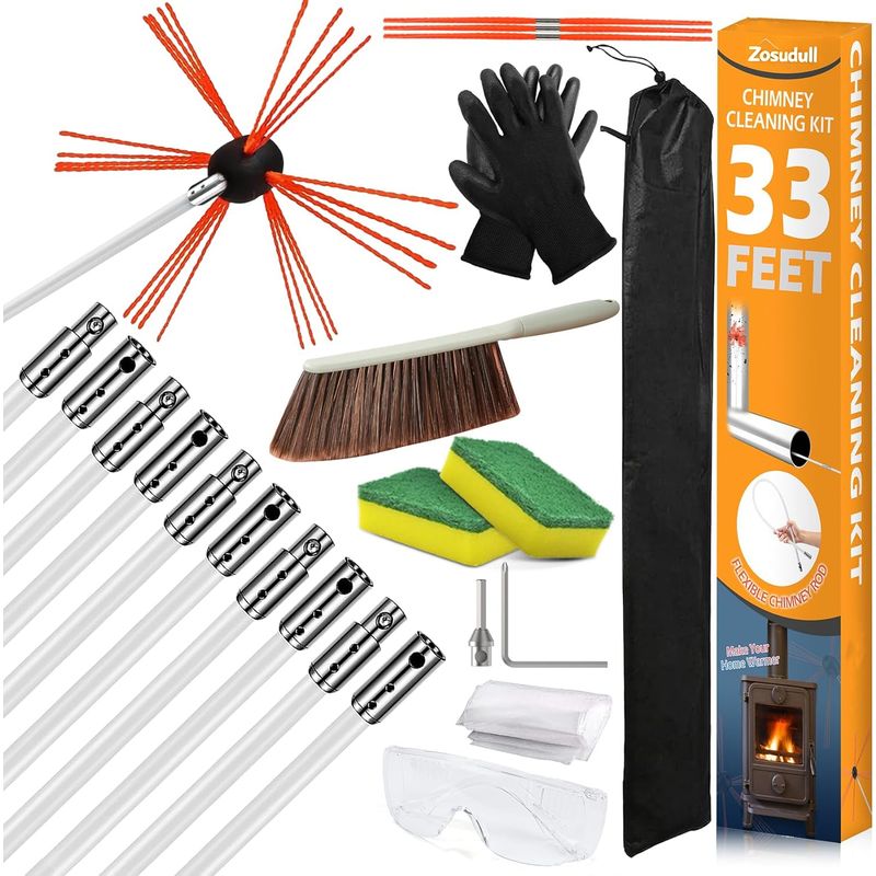 Zosudull - Kit De Ramonage De Cheminée - 10 Tiges - Nylon Renforcé - Nettoyage Puissant De La Suie Et Du Créosote - Cheminées, Poêles À Bois, Conduits De Sécheuse - Longueur Totale 10 M, Couleur Noir