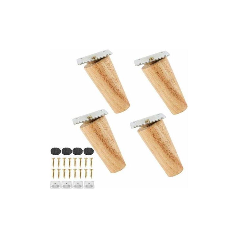 Lot De 4 Pied De Meuble En Bois Massif, Jambes De Canapé Remplacement Avec Tapis Antidérapant,plaque De Montage Et Vis Pour Lit, Armoire, Tiroir (8cm, Pied Incliné)