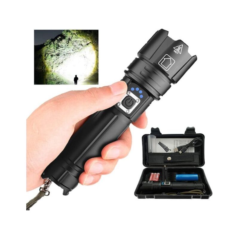 Torches Led Super Bright P70 30000100000 Lumens, Lampe Torche Led Rechargeable Xhp70.2, Lampe De Poche Tactique Avec Étui, Lampe Torche Puissante Étanche Ip67 (noir)，