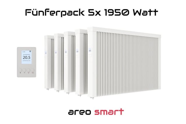 Elektroheizung Fünferpack 5x 1950 Watt Flächenspeicherheizung Areo Smart - Digitales Thermostat Mit Lcd-display - Option Zur Appsteuerung Von Evarmo