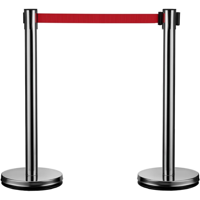Wiltec Mobile Absperrpfosten 32 X 7 X 90 Cm In Silberfarben, Rotes 200 Cm Zugband, Absperrständer Aus Rostfreiem Stahl, Personenleitsystem Für Veranstaltungen