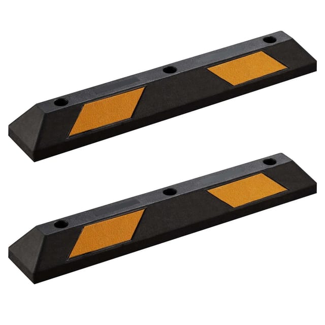 Radstopper 90 X 15 X 10 Cm, 2x Einparkhilfe Aus Gummi, Parkplatzbegrenzung Mit Gelben Reflexionsstreifen & Schraubrillen, Parkplatzsperre Für Garage - Wiltec