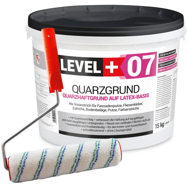 Level+ Quarzgrund Grundierung Putzhaftgrund Holz Osb 15kg + Farbroller 25cm L+07
