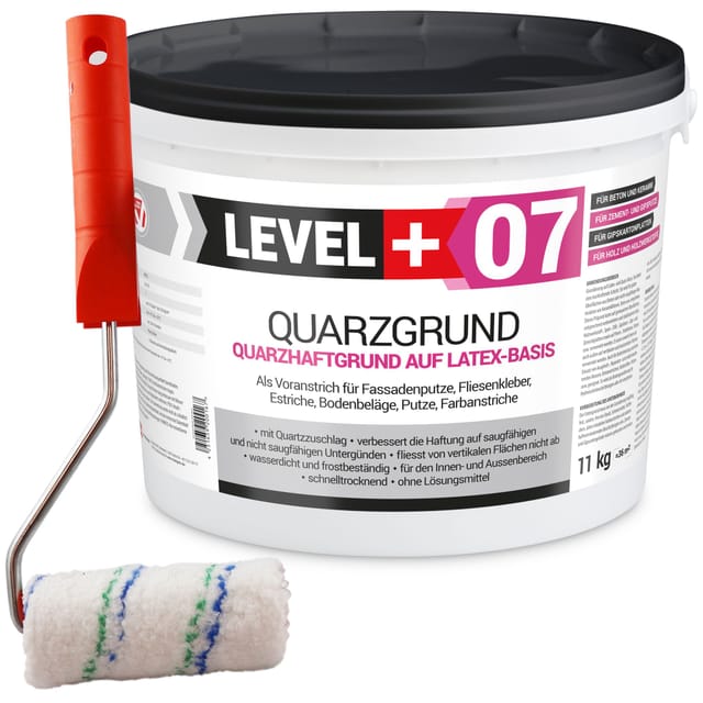 Level+ - Level+ Quarzgrund Grundierung Putzhaftgrund Holz Osb 11kg + Farbroller 10cm L+07
