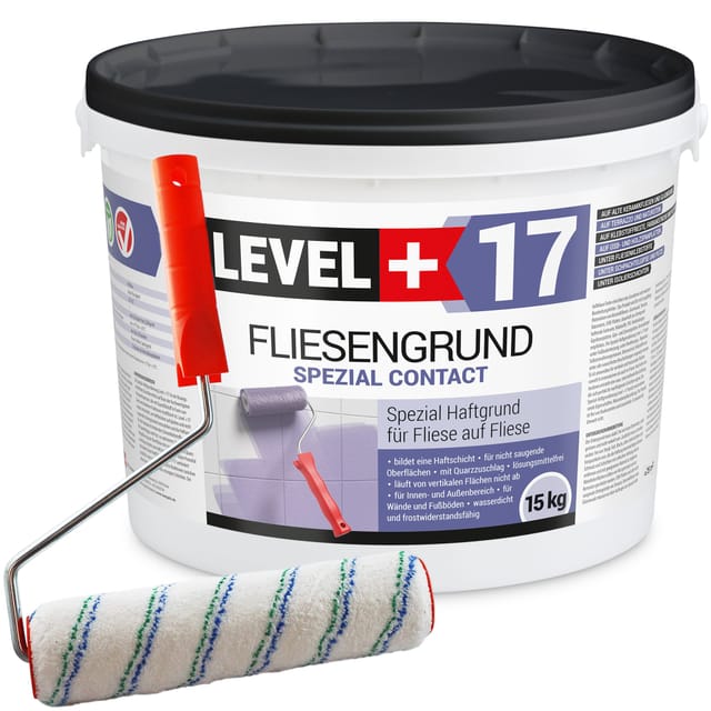 Level+ Fliesengrund Haftgrund Quarzgrund 15kg L+17 + Farbroller 25cm