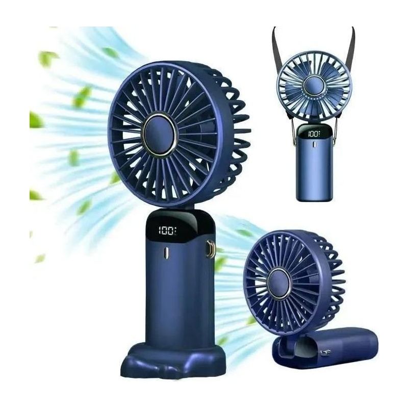 Mini Ventilateur Portable Rechargeable Par Usb 5 Vitesses Avec Base Batterie 6500 Mah Ventilateur De Bureau Pliable, Bleu