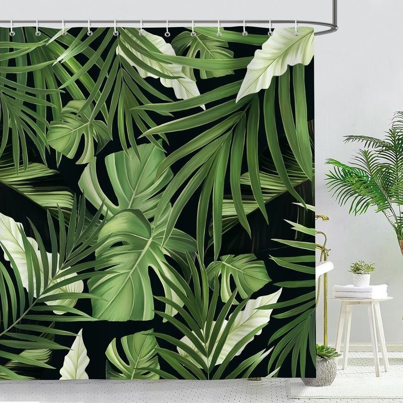 Rideau De Douche Feuille De Palmier Tropical Verte Rideau De Bain Tissu Polyester Anti Moisissure Imperméable Lavable Rideaux Salle De Bain 180 X 180 Cm Avec 12 Crochets