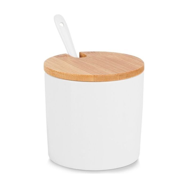 Sucrier En Céramique - Lot Avec Cuillère - Design Moderne - Couvercle En Bambou - 250 Ml - Blanc
