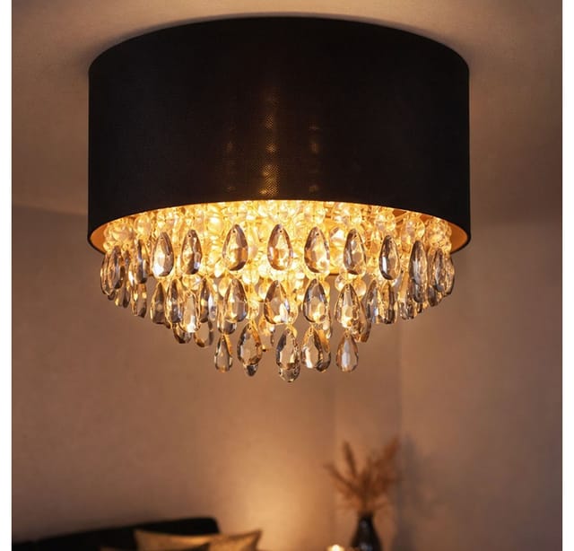 Led Deckenleuchte Schwarz Gold Deckenlampe Kristall Esstischlampe Wohnzimmerleuchte, Glaskristalle Metall Textil, 1x E27 Led Warmweiß, Dxh 40 X 33 Cm