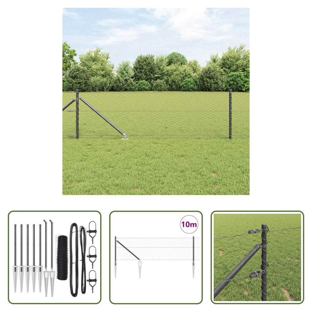 Außenzaun - Zaunpfosten Grau 10 X 0,6 M (36 Mm Netz) Stahl Und Pvc