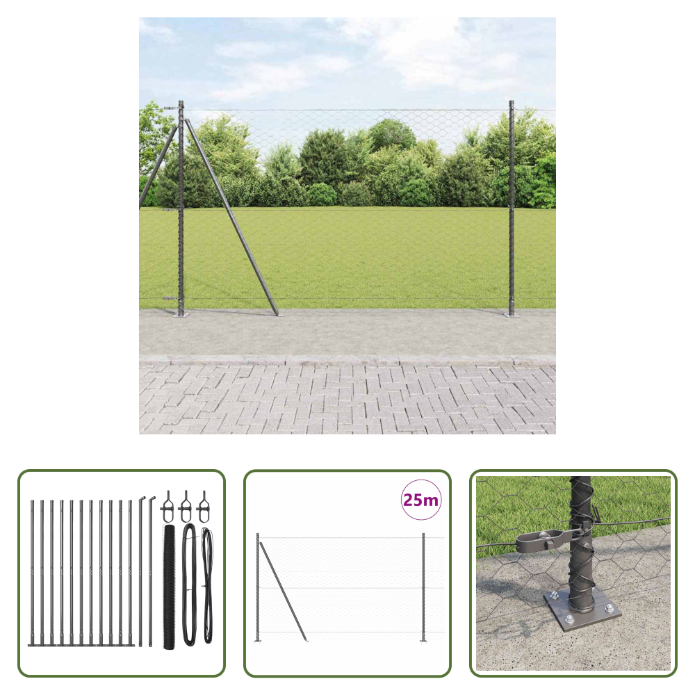 Außenzaun - Zaunpfosten Grau 25 X 1,4 M (50 Mm Mesh) Stahl Und Pvc