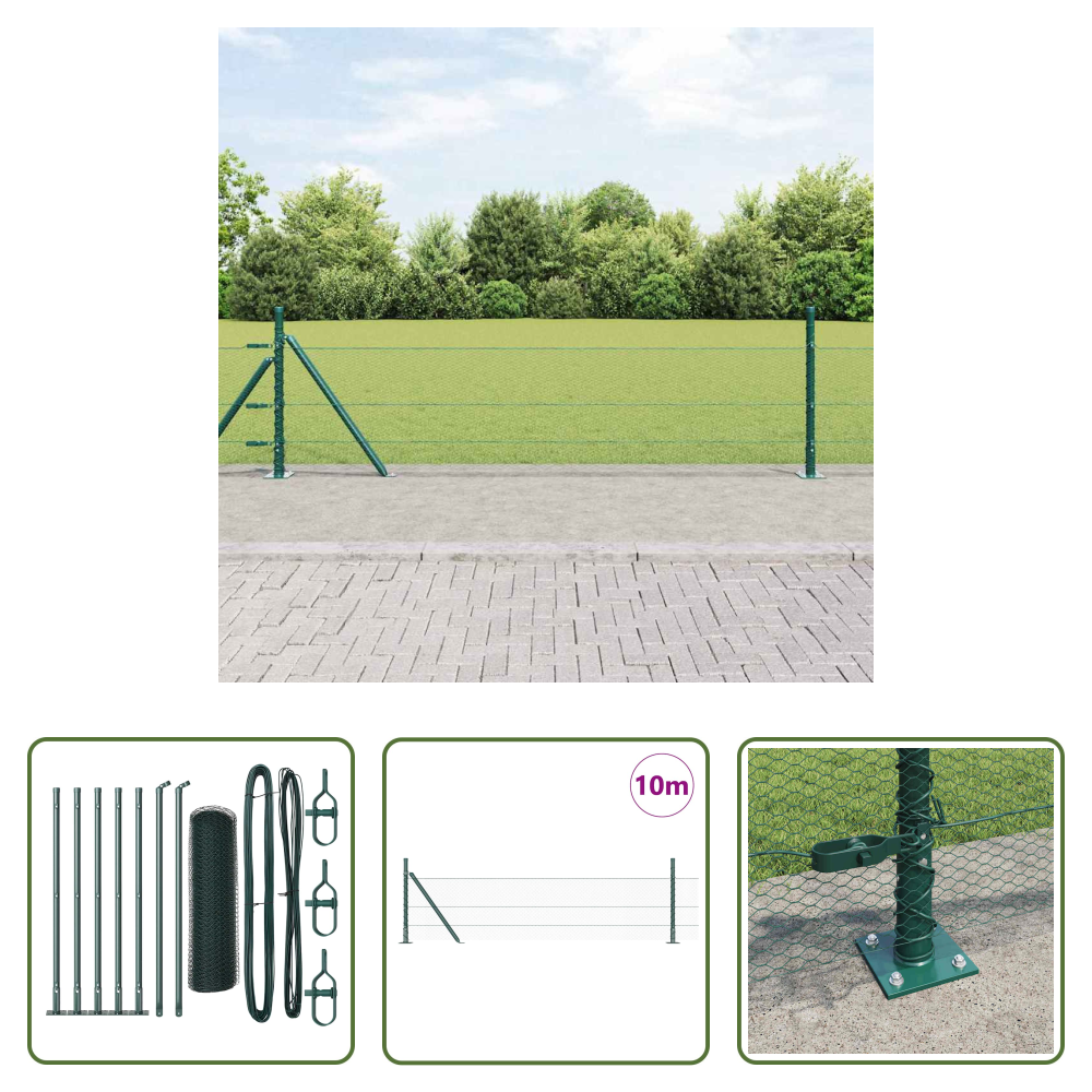 Außenzaun - Zaunpfosten Grün 10 X 0,5 M (13 Mm Netz) Stahl Und Pvc