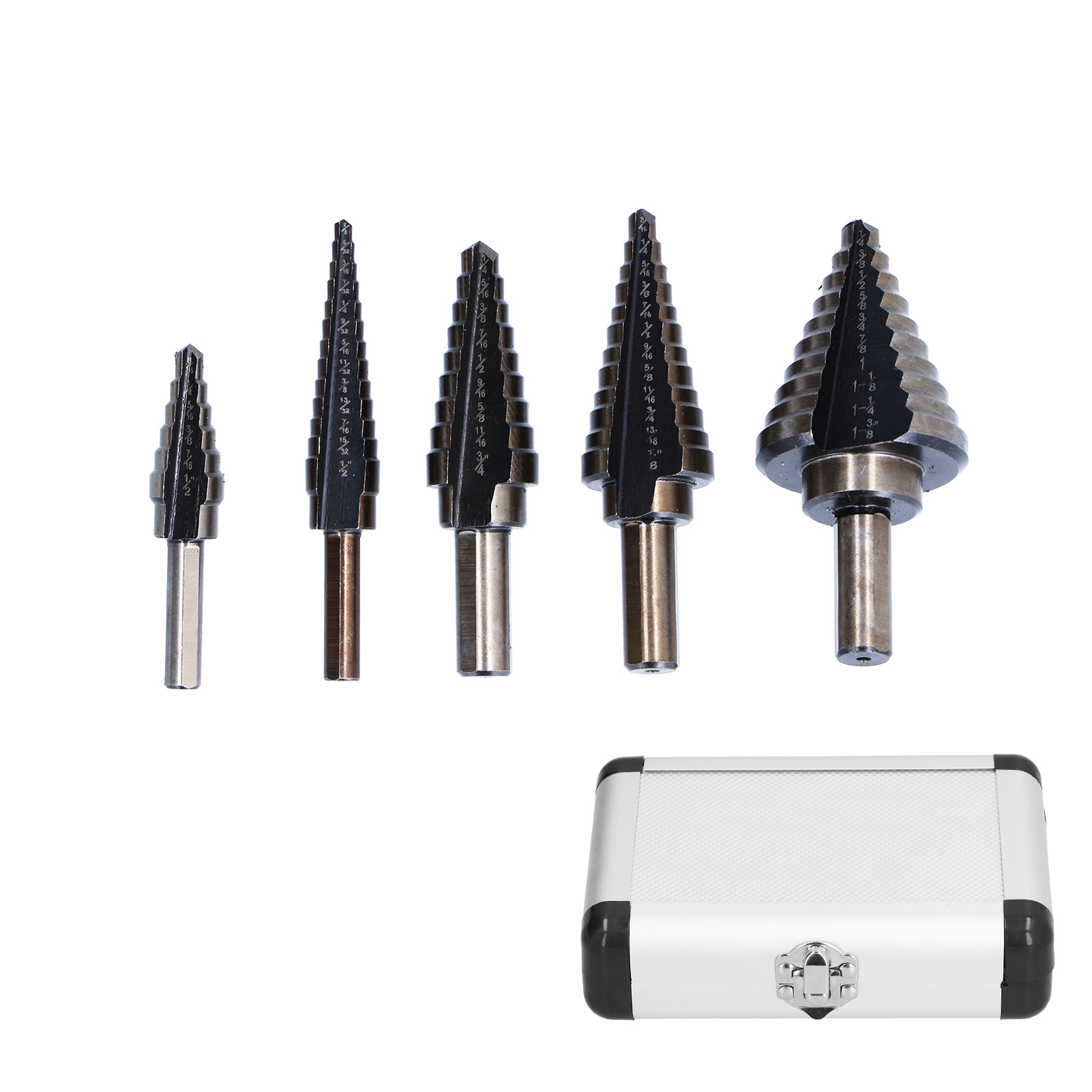 Set Mit 5 Stufenbohrern Für Metall (britisches System) Für Stahl, Messing Und Holz
