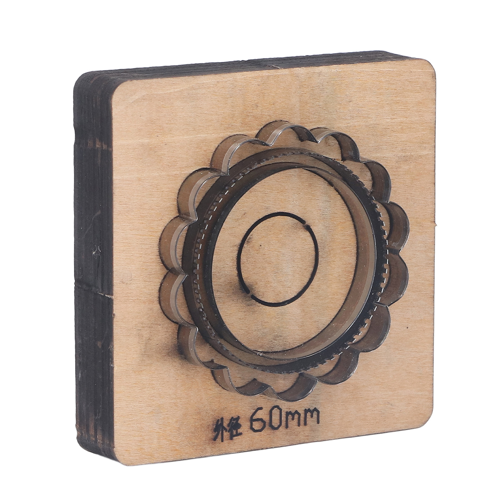 Lederstanzform Mit Holzsockel, Blütenförmiger Stempel, Aus Legiertem Stahl, 60 Mm Außendurchmesser