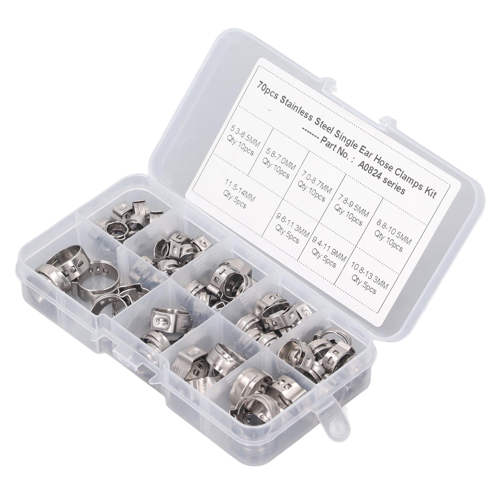 Set Mit 70 Edelstahl-schlauchschellen Mit Einfacher Ohrbefestigung, Ohne Verzahnung, 9 Ausführungen.