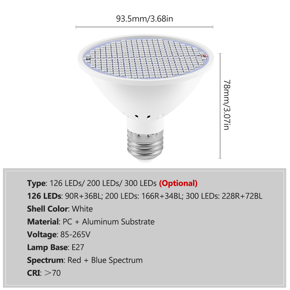 Led-pflanzenlampe Für Zimmerpflanzen, Rotes Und Blaues Lichtspektrum, 300 Leds, E27-sockel, Pflanzenlampe Für Sämlinge, Hydroponische Sukkulenten, Blumen Und Gemüse In Gewächshäusern (85-265v)