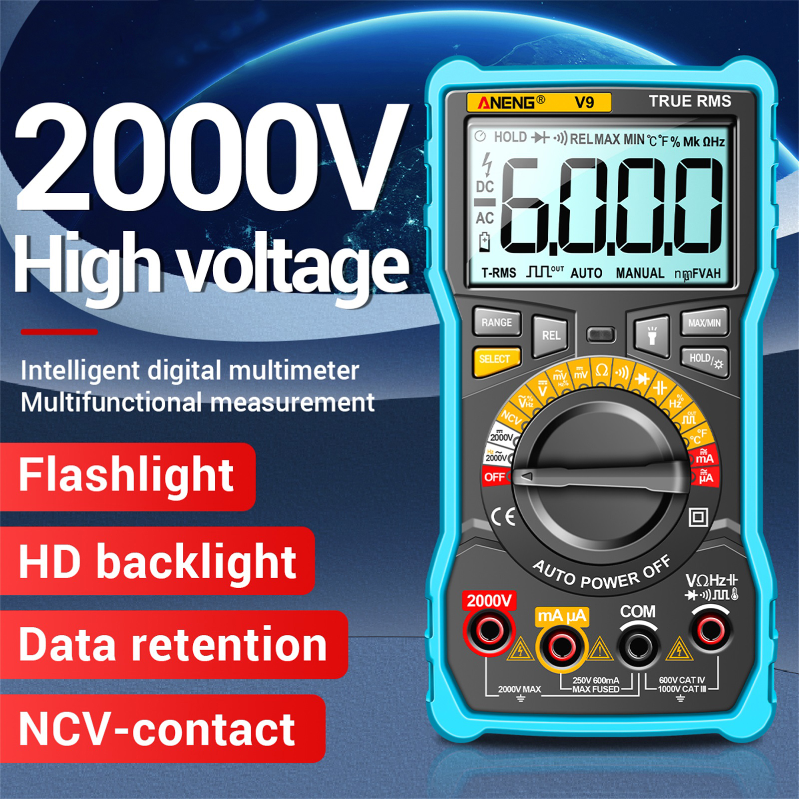 Aneng V9 Digitalmultimeter, 6000 Zähler, 2000-v-spannungsmessung, Kapazitätsmessgerät, Ac/dc-voltmeter, Amperemeter, Elektrische Prüfgeräte