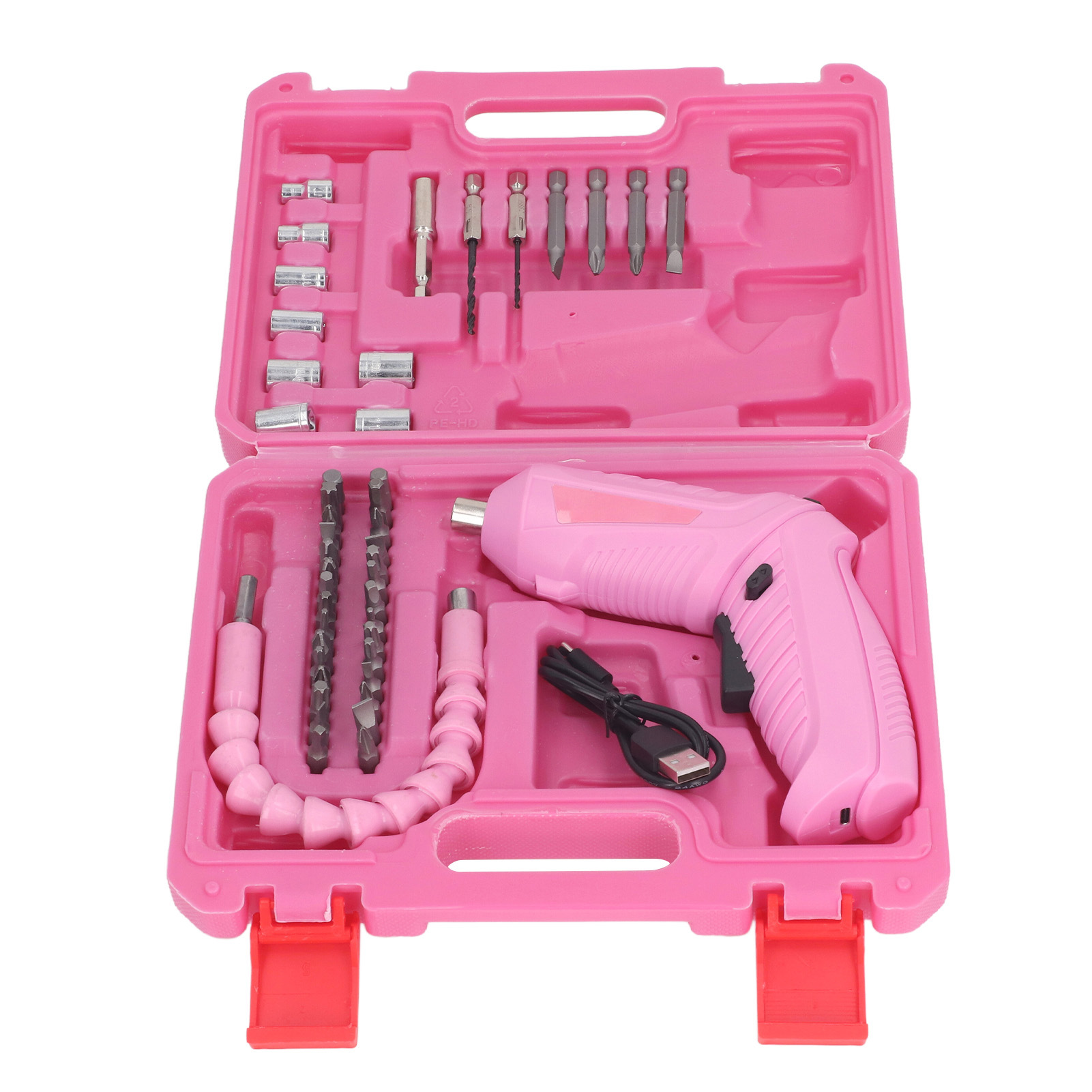 Elektrischer Schraubendreher-satz Mit 180°-drehung (im Und Gegen Den Uhrzeigersinn), Faltbar Und Usb-aufladbar, Mit Pinkfarbener Led-leuchte, 3,6 V